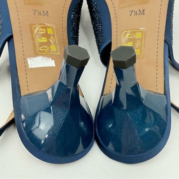 J. Renee ARATA Navy Blue Sparkle Laser Cutout Lace Mesh Open Toe Slingback Heels - Picture 13 of 16